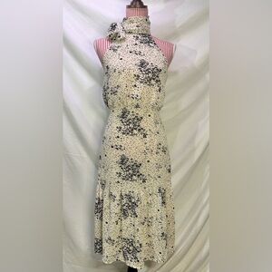 Fab’rik Cream Black Floral Polka Dot Blouson Midi Dress Neck Scarf Tie Sz Small